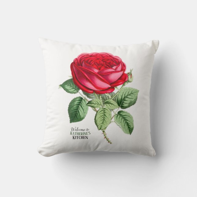 Antique Red Rose Your Choice of Text Throw Pillow (Front)