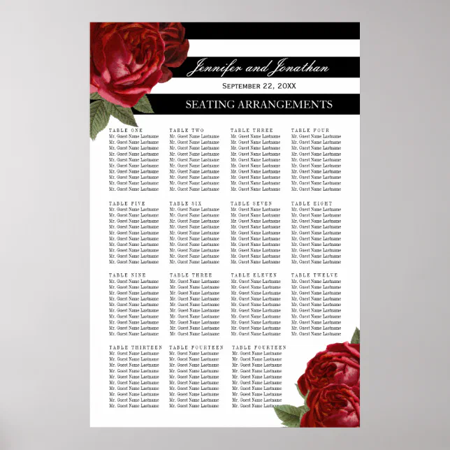 Red Roses Table Seating Antique Red Roses and Black Stripes Seating Chart | Zazzle