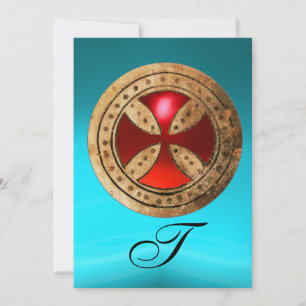 ANTIQUE RED RUBY CROSS BLUE BLACK DAMASK MONOGRAM INVITATION