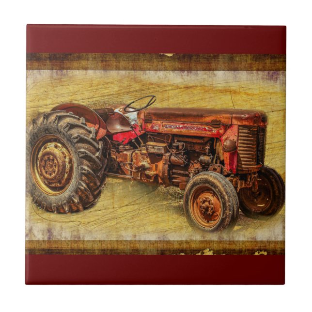 Antique Red Tractor Ceramic Tile (Front)
