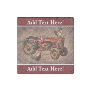 Antique Red Tractor Farm Tractor Rooster Hen Stone Magnet