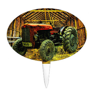 Antique Red Tractor Rustic Barn Cake Topper
