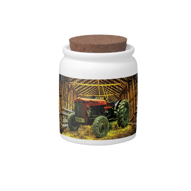 Antique Red Tractor Rustic Barn Candy Jar (Front)