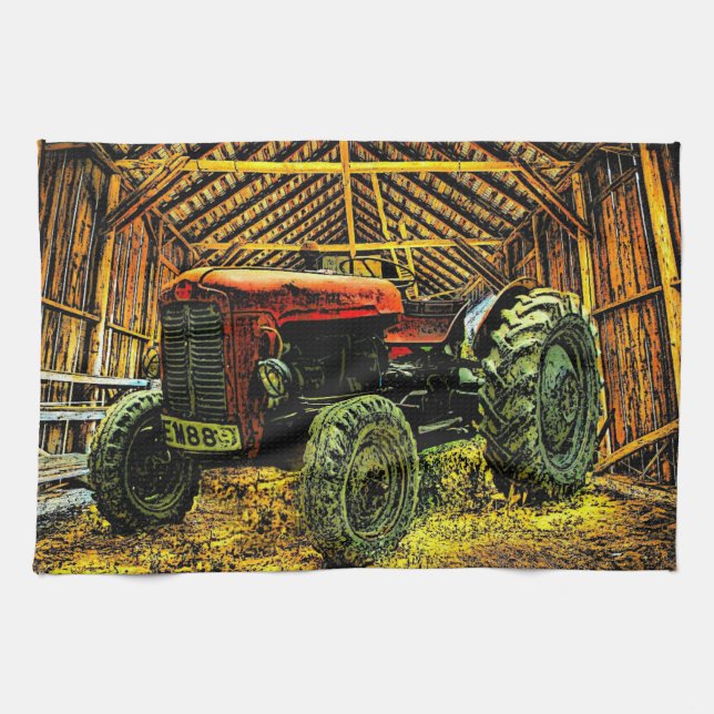 Antique Red Tractor Rustic Barn Kitchen Towel (Horizontal)