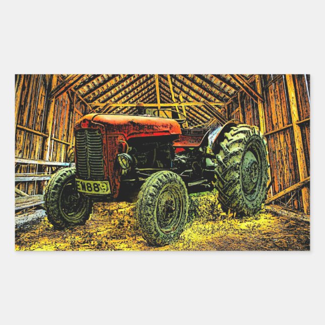 Antique Red Tractor Rustic Barn Rectangular Sticker (Front)
