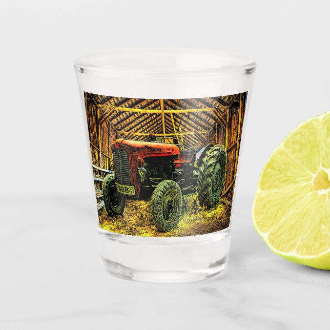 Antique Red Tractor Rustic Barn Shot Glass (Front)