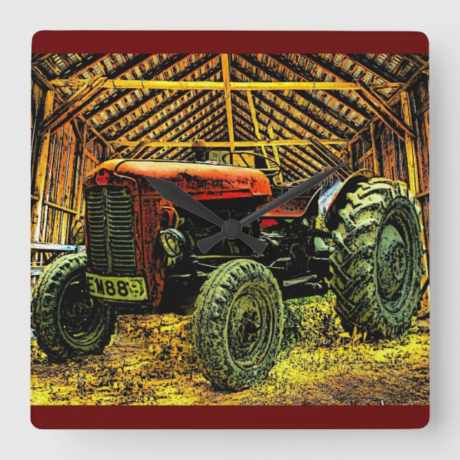 Antique Red Tractor Rustic Barn Square Wall Clock (Front)