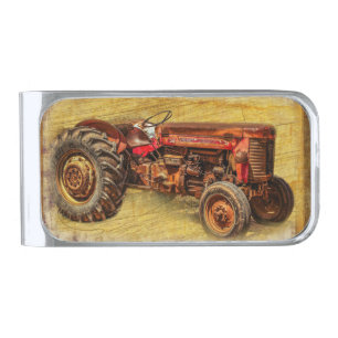 Antique Red Tractor Silver Finish Money Clip