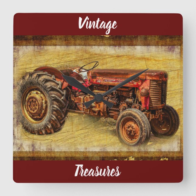 Antique Red Tractor Square Wall Clock (Front)