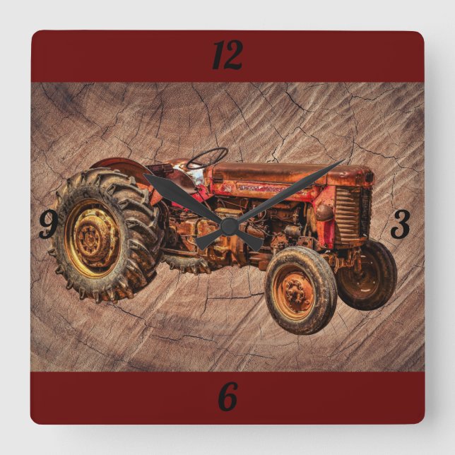 Antique Red Tractor Square Wall Clock (Front)
