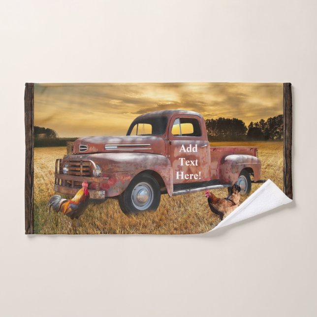 Antique Red Truck Farm Field Rooster Hen Bath Towel Set (Hand Towel)