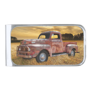 Antique Red Truck Farm Field Silver Finish Money Clip