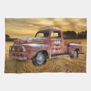 Antique Red Truck Farm Field Sunset Kitchen Towel