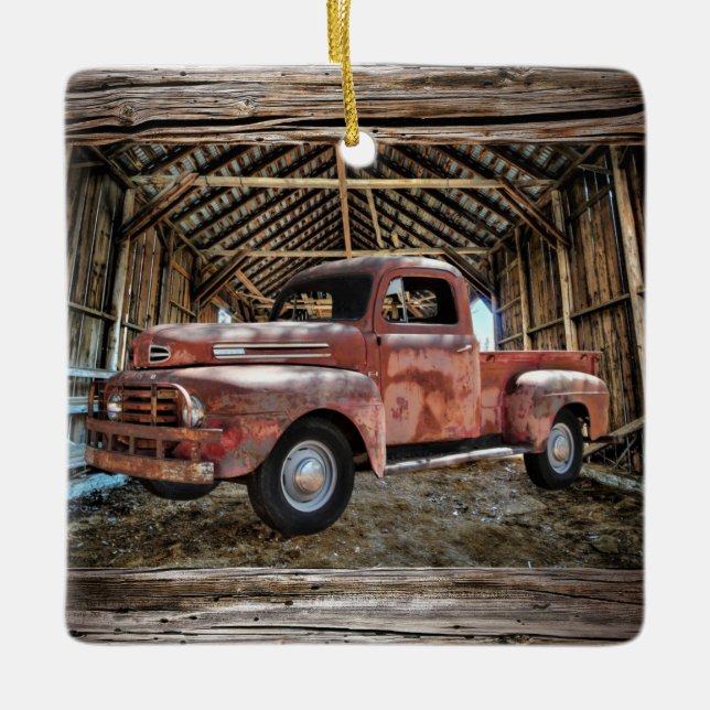 Antique Red Truck In Rustic Barn Ceramic Ornament (Front)
