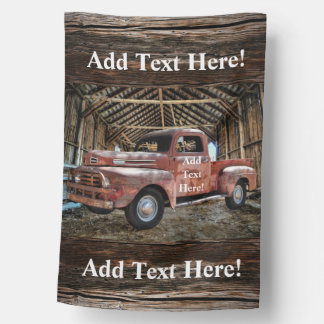 Antique Red Truck In Rustic Barn House Flag