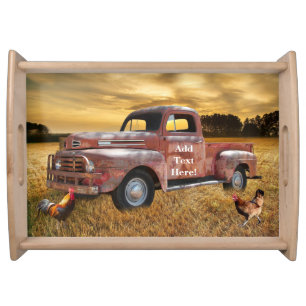 Antique Red Truck Red Farm Truck Rooster Hen Serving Tray