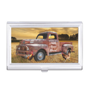 Antique Red Truck Rooster Hen Farm Field Sunset Business Card Case