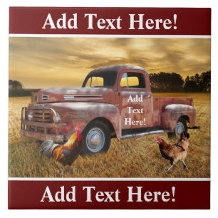 Antique Red Truck Rooster Hen Farm Field Sunset Ceramic Tile