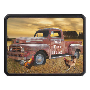 Antique Red Truck Rooster Hen Farm Field Sunset Hitch Cover