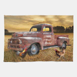 Antique Red Truck Rooster hen Farm Field Sunset Kitchen Towel