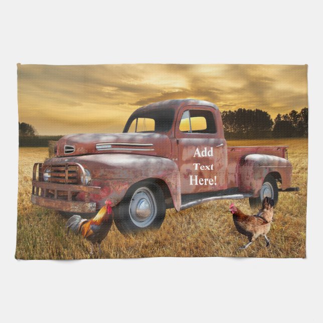 Antique Red Truck Rooster hen Farm Field Sunset Kitchen Towel (Horizontal)