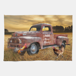 Antique Red Truck Rooster Hen Farm Field Sunset Kitchen Towel
