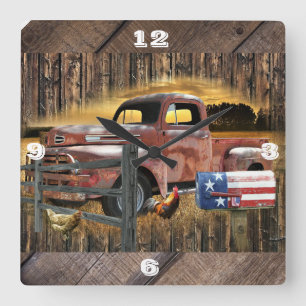 Antique Red Truck Vintage Red Truck Farm Truck Square Wall Clock
