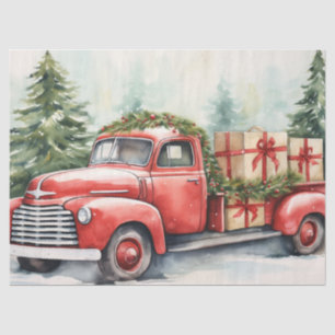 Antique Red Truck with Christmas Trees in Snow Tissue Paper
