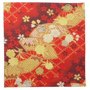 Antique Red White Gold Japanese Kimono Floral Cloth Napkin