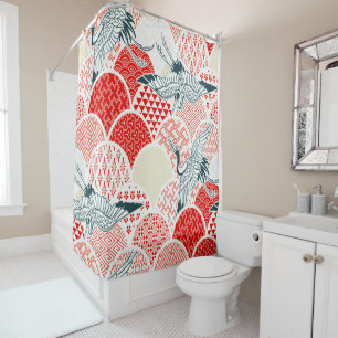 Antique Red White Japanese Kimono Crane Bird Shower Curtain