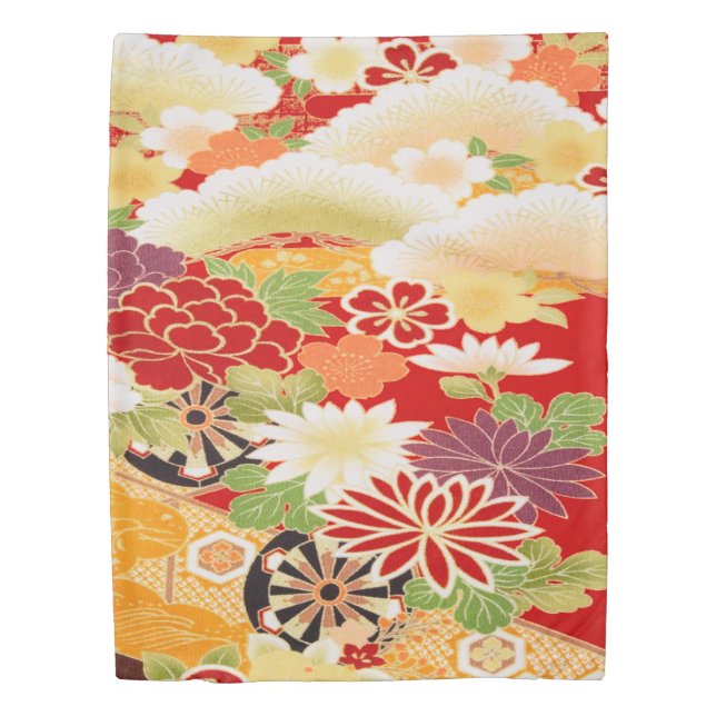 Antique Red White Japanese Kimono Floral Flower Duvet Cover (Front)