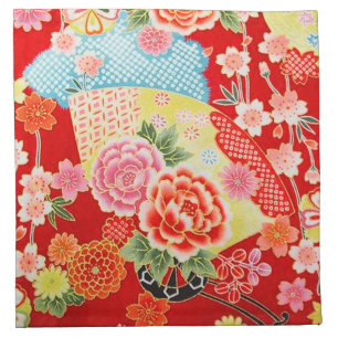Antique Red Yellow Pink Japanese Kimono Floral  Cloth Napkin
