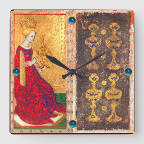 ANTIQUE RENAISSANCE TAROT FOUR AND QUEEN OF CUPS SQUARE WALL CLOCK
