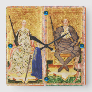 ANTIQUE RENAISSANCE TAROT/KING AND QUEEN OF SWORDS SQUARE WALL CLOCK