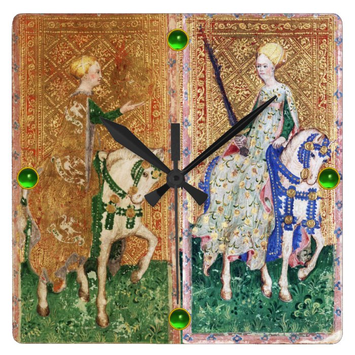 ANTIQUE RENAISSANCE TAROT/LADY OF COINS AND SWORDS SQUARE WALL CLOCK