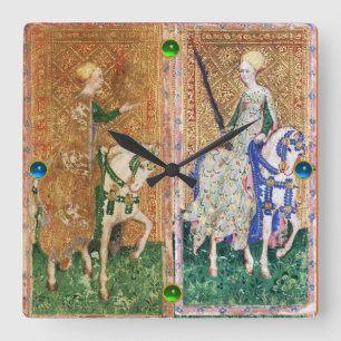 ANTIQUE RENAISSANCE TAROT/LADY OF COINS AND SWORDS SQUARE WALL CLOCK