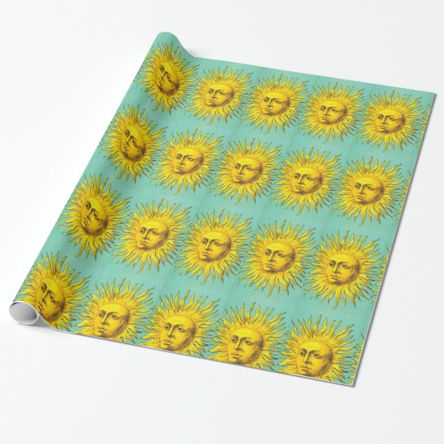 ANTIQUE RENAISSANCE TAROTS 19 THE SUN Yellow Blue Wrapping Paper (Unrolled)