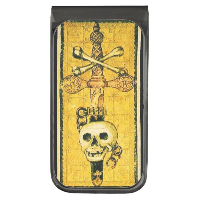ANTIQUE RENAISSANCE TAROTS ,ACE OF SWORDS GUNMETAL FINISH MONEY CLIP (Front Vertical)