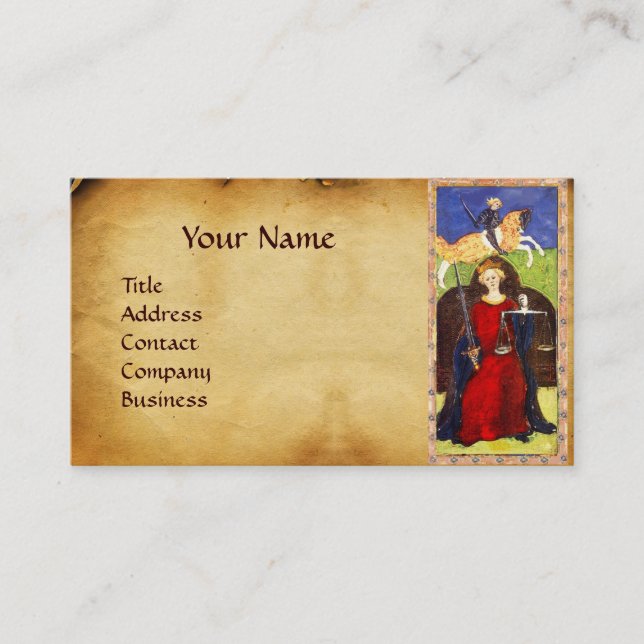ANTIQUE RENAISSANCE TAROTS, JUSTICE Parchment Business Card (Front)