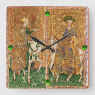ANTIQUE RENAISSANCE TAROTS/LADY OF COINS AND WANDS SQUARE WALL CLOCK