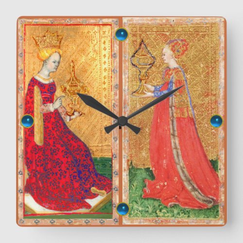 ANTIQUE RENAISSANCE TAROTS MAID AND QUEEN OF CUPS SQUARE WALL CLOCK