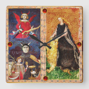 ANTIQUE RENAISSANCE TAROTS THE DEVIL AND FORTITUDE SQUARE WALL CLOCK