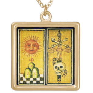 ANTIQUE RENAISSANCE TAROTS /THE SUN ,ACE OF SWORDS GOLD PLATED NECKLACE