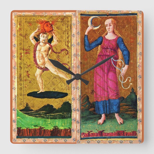 ANTIQUE RENAISSANCE TAROTS / THE SUN AND THE MOON SQUARE WALL CLOCK (Front)