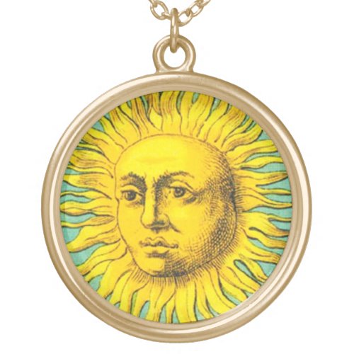 ANTIQUE RENAISSANCE TAROTS  THE SUN Yellow Blue Gold Plated Necklace