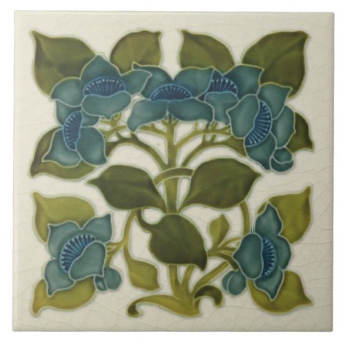 Antique Repro Art Nouveau Blue Flowers Tile