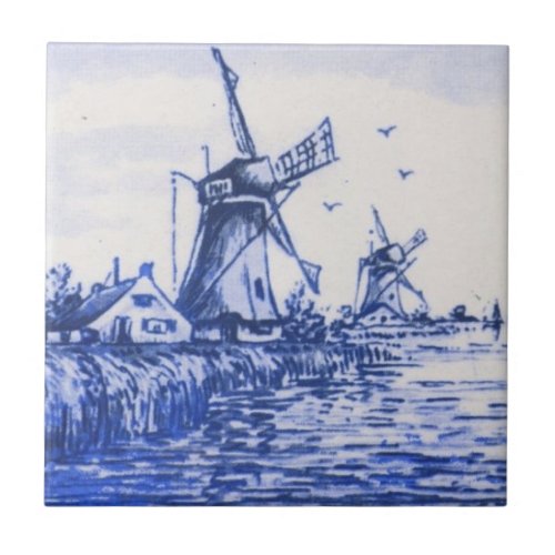 Antique Repro Blue Delft Dutch Windmill Tile