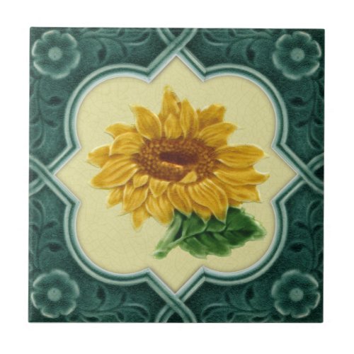 Antique Repro Faux Relief Teal Framed Sunflower Ceramic Tile