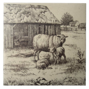 Antique Repro William Wise Sheep Family Sepia Ceramic Tile
