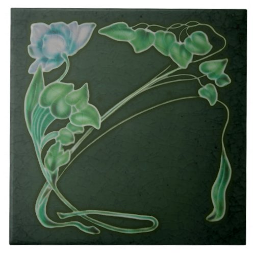 Antique Reproduction Dk Green Art Nouveau Floral Ceramic Tile